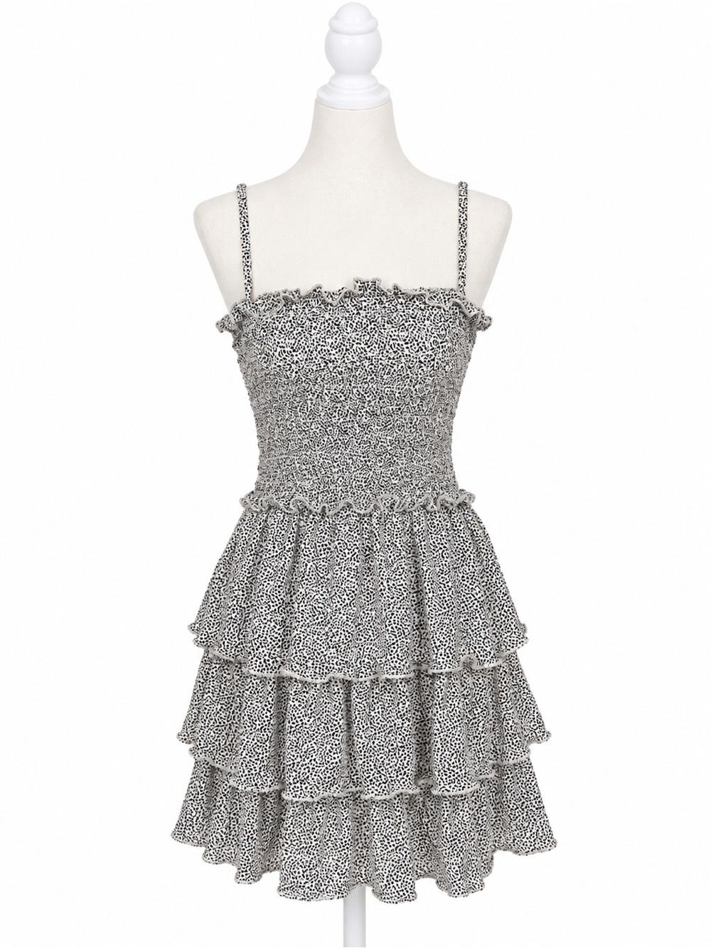 Jessica Simpson NWT Smocked Tiered Mini Dress Small Gray Black Animal Print